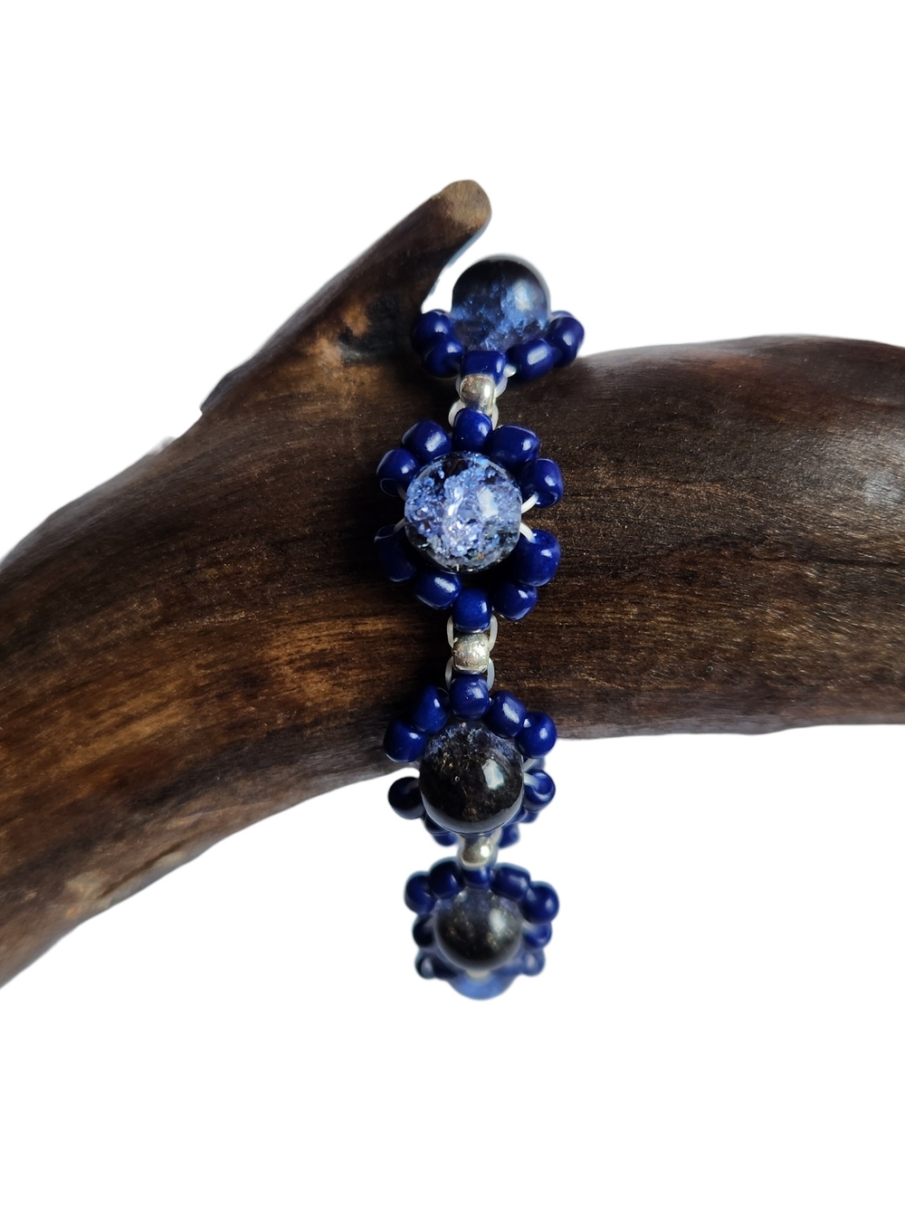 Handcrafted Navy Blue Glass Beaded Flower Bracelet